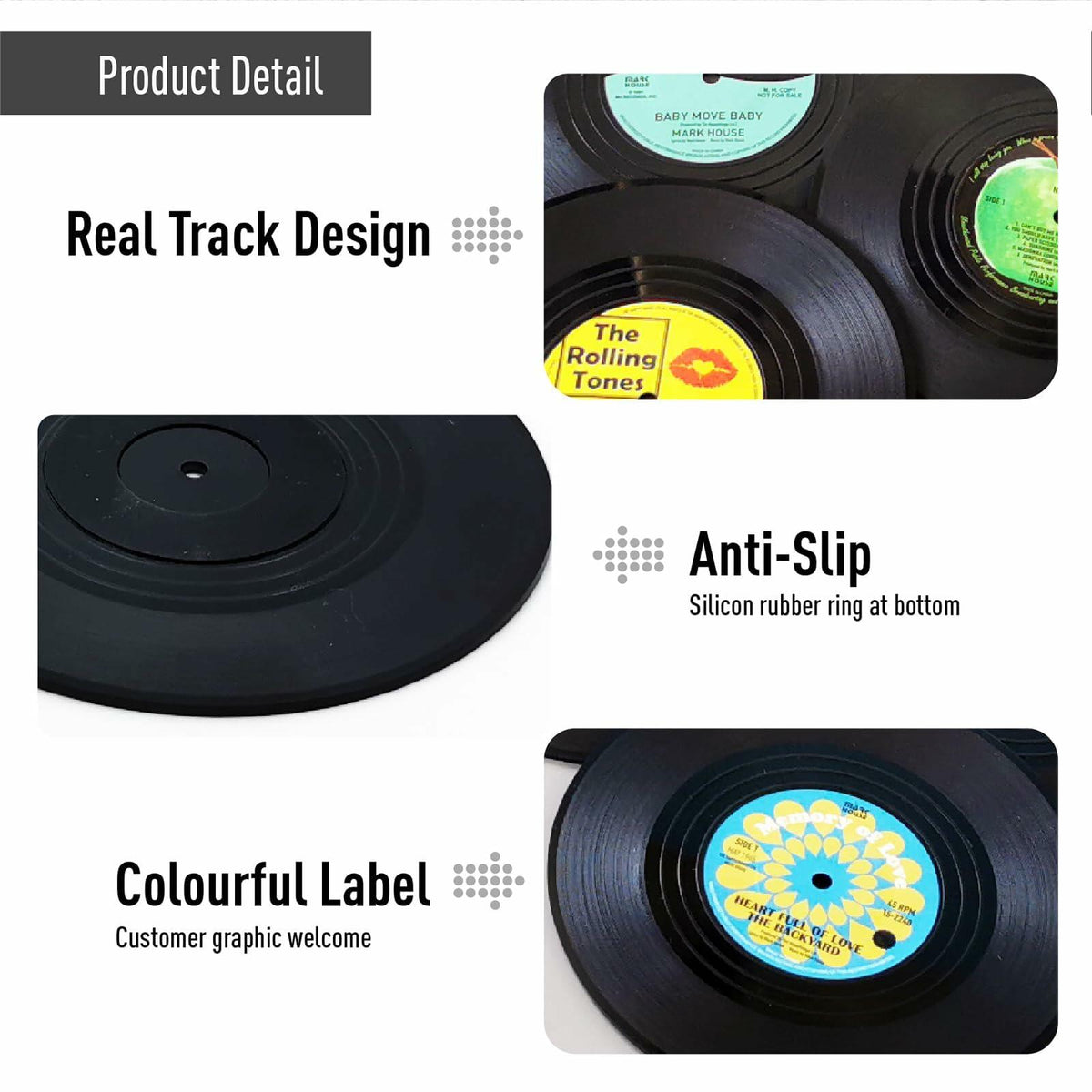 Sufcnire Retro Record Coasters with Vinyl Player Holder Set of 6 M2 Series