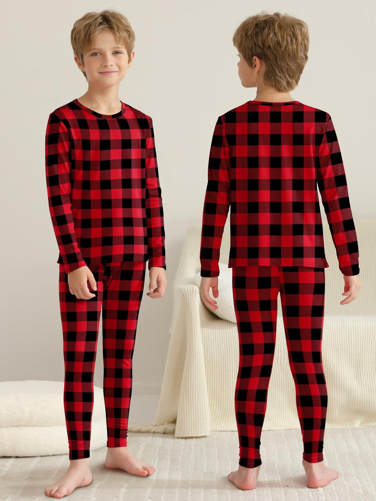 VZV Boys Thermal Underwear Set Fleece Lined Base Layers Red Black Size M