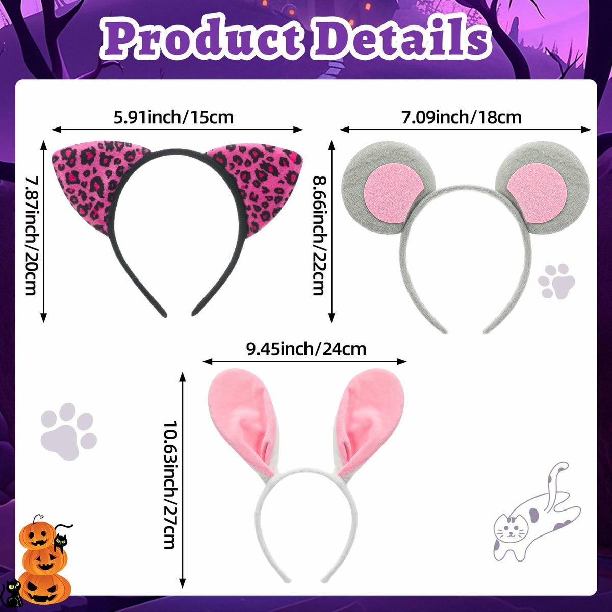 Hoteam 3 Pcs Halloween Ear Headbands Pink Leopard Bunny Mouse Colorful