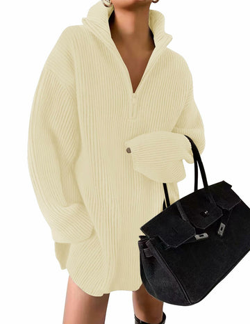 ZESICA Womens Sweater Dress Long Sleeve Quarter Zip V Neck Cream Size L