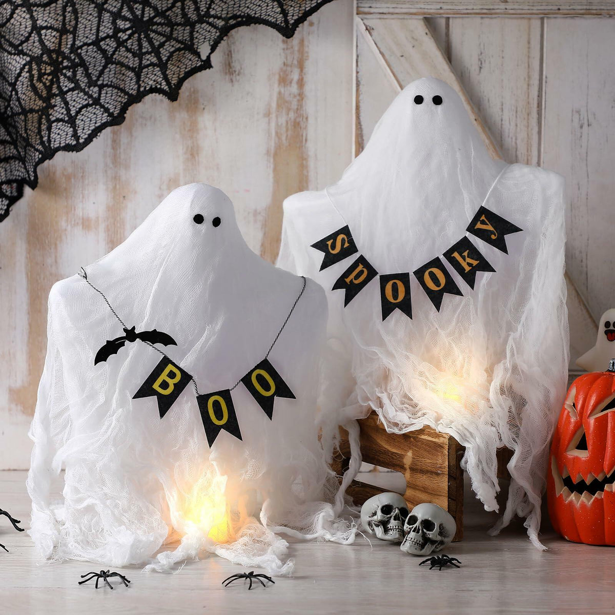 Janinka 2 Pcs Mesh Halloween Ghost Decorations Spooky White Centerpiece