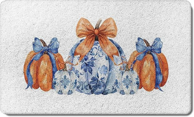 TopXmai Chinoiserie Pumpkin Door Mat 17x30 Blue White Orange Indoor Outdoor