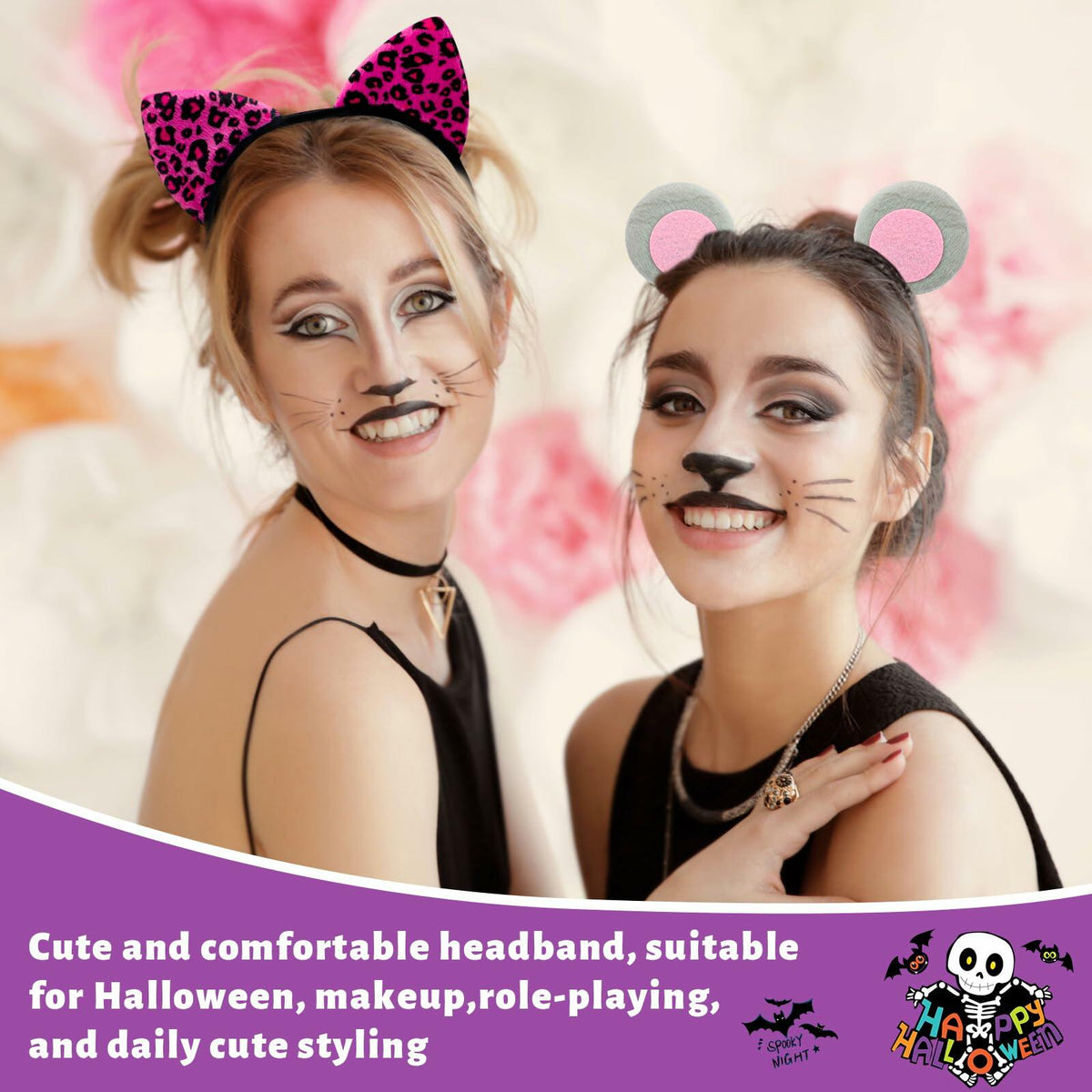 Hoteam 3 Pcs Halloween Ear Headbands Pink Leopard Bunny Mouse Colorful