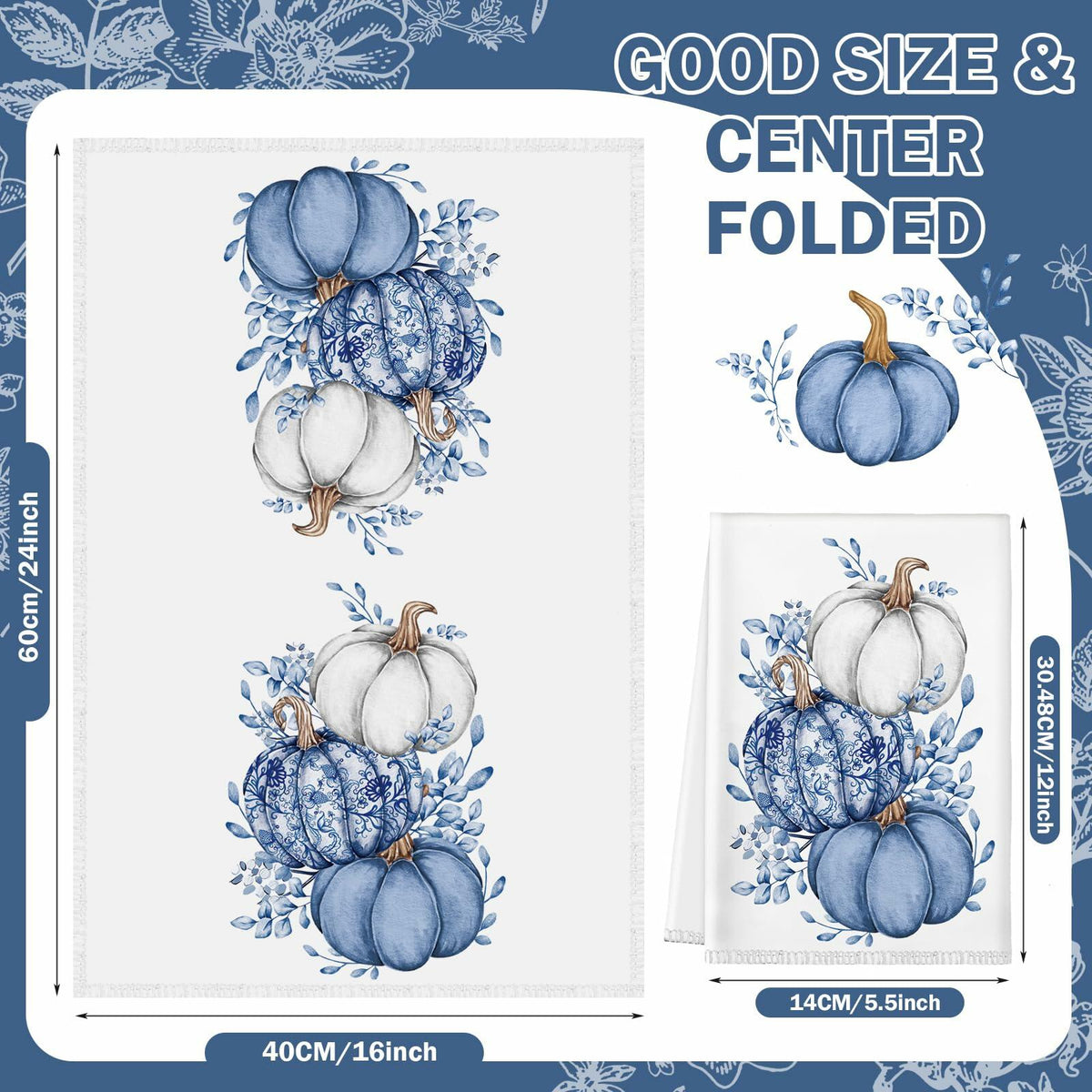 Kinlop 6 Pcs Fall Thanksgiving Blue White Pumpkin Kitchen Towels 16x26 Inch