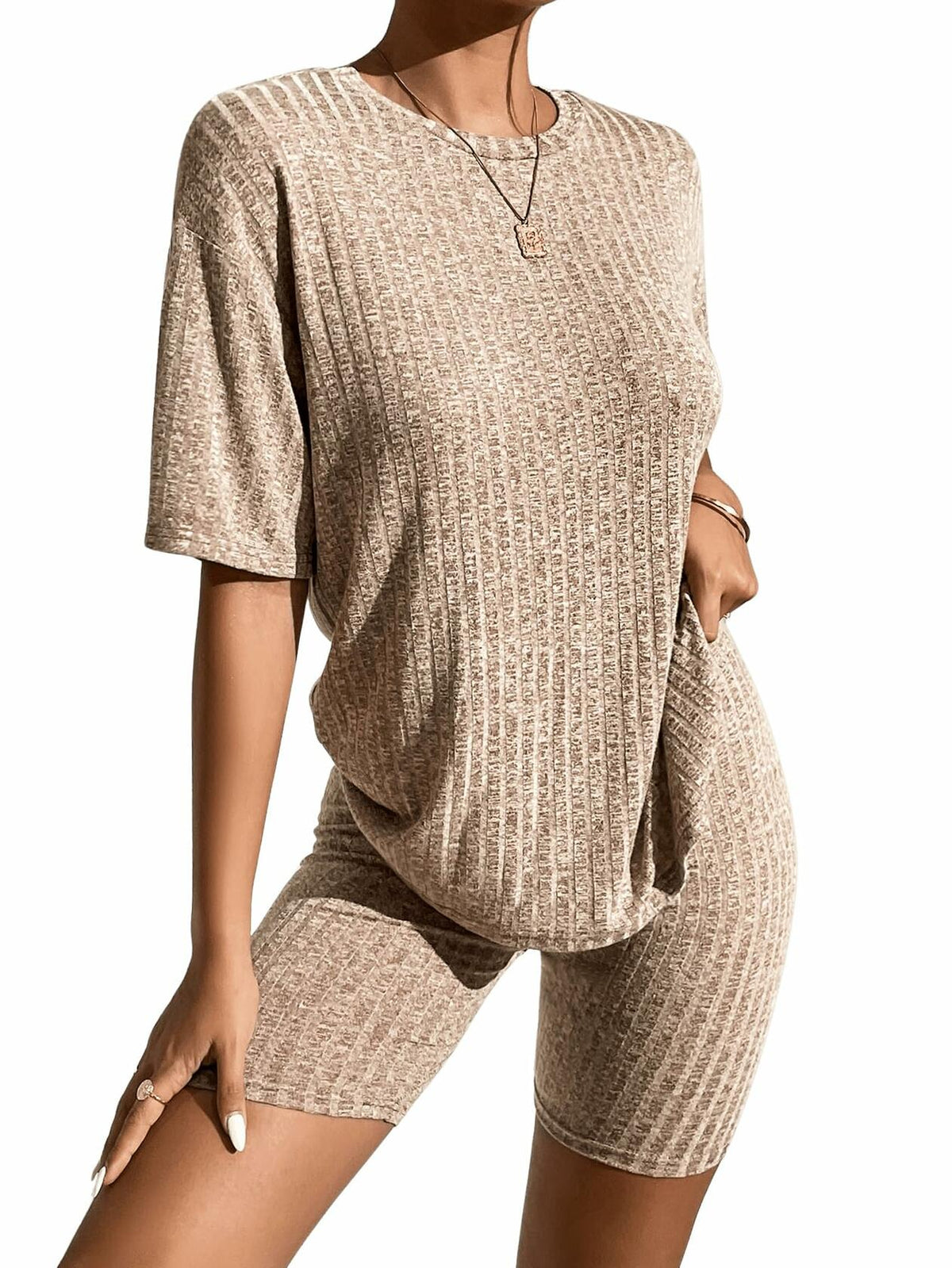 WDIRARA Women's Ribbed Half Sleeve Tee & Biker Shorts Set Khaki Size S