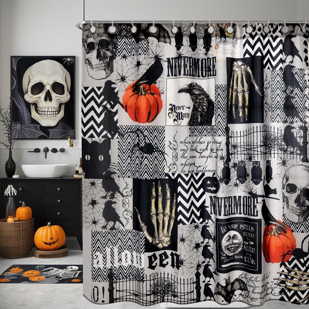 EVENHUG Halloween Waterproof Shower Curtain Set Grey 72x72 inch with Hooks