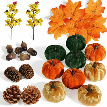 Artmag 25 PCS Fabric Pumpkins Set Fall Decor Maple Leaves Acorns Style 5