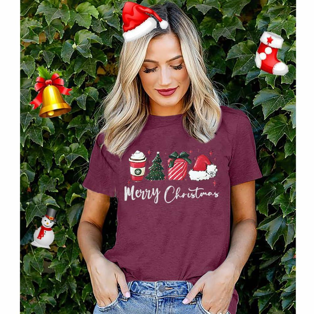 ZXCAHPT Christmas Shirt Women Merry Xmas Holiday Tee Coffee Tree Santa Size M