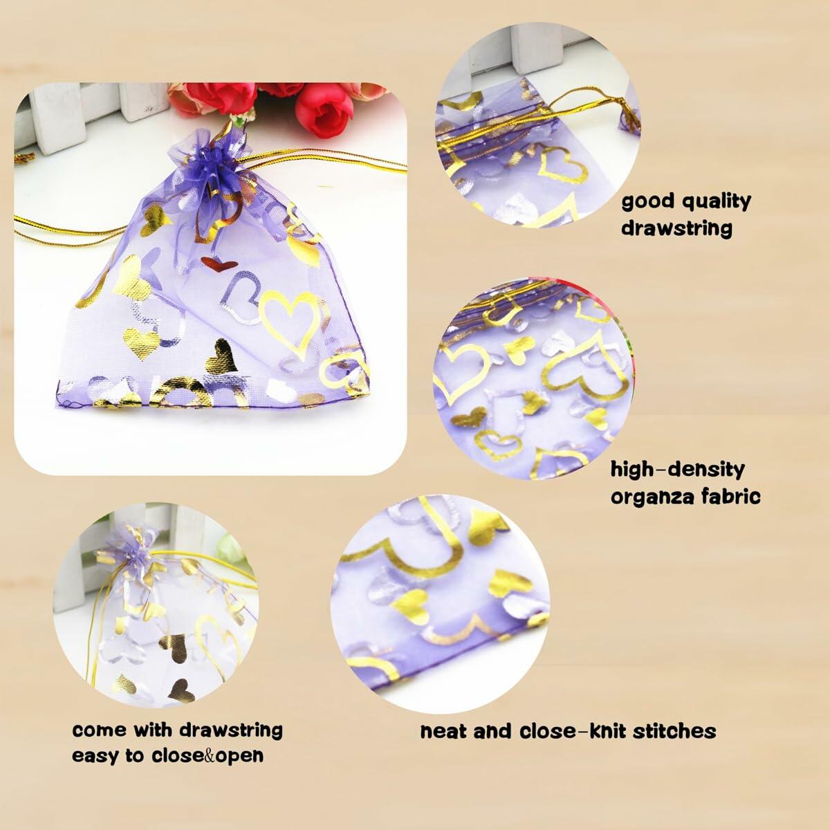 QIANHAILIZZ 100 pcs 3.5x4.7in Flower Heart Organza Gift Pouch Lilac Gold