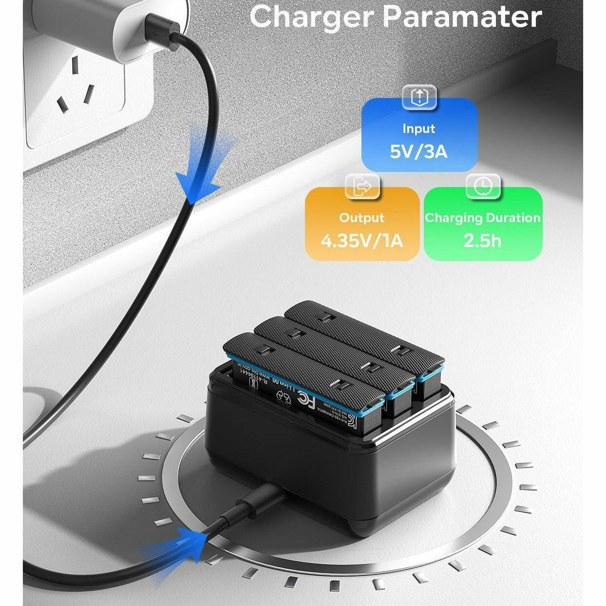 GAEKOL Insta360 X4 3-Slot Battery Charging Hub USB-C Cable Black