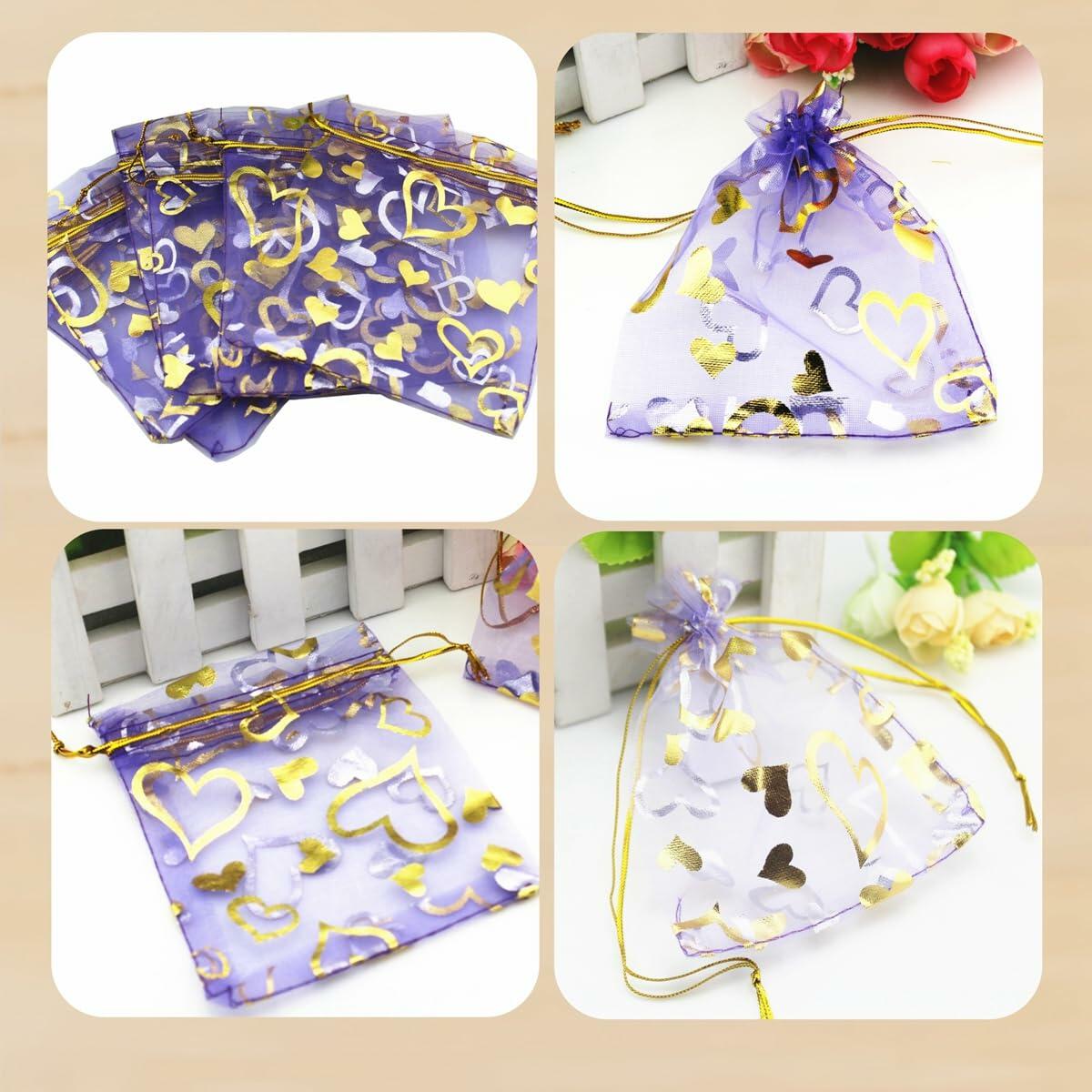 QIANHAILIZZ 100 pcs 3.5x4.7in Flower Heart Organza Gift Pouch Lilac Gold