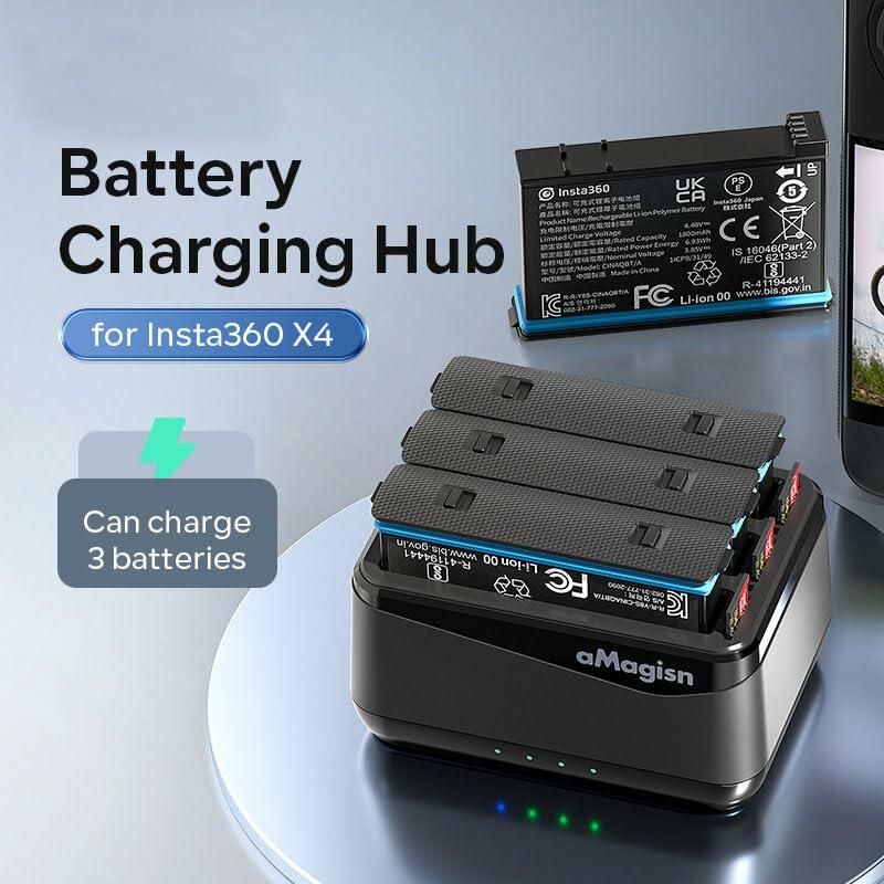GAEKOL Insta360 X4 3-Slot Battery Charging Hub USB-C Cable Black