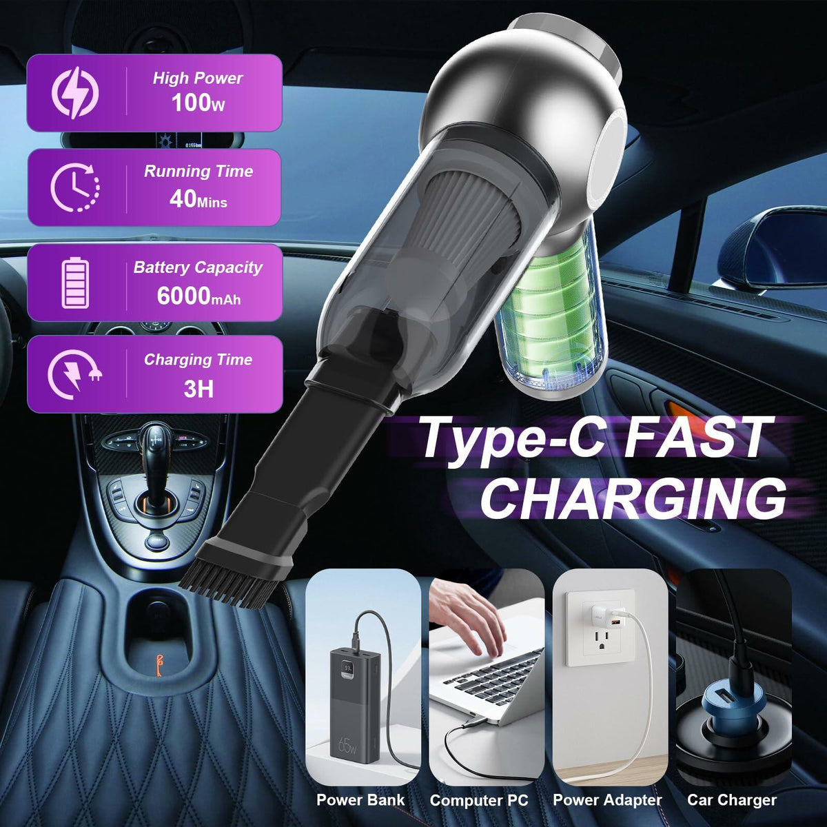 Mozeyerh Handheld Vacuum Cleaner Portable Cordless 20000Pa 4-in-1 Silver