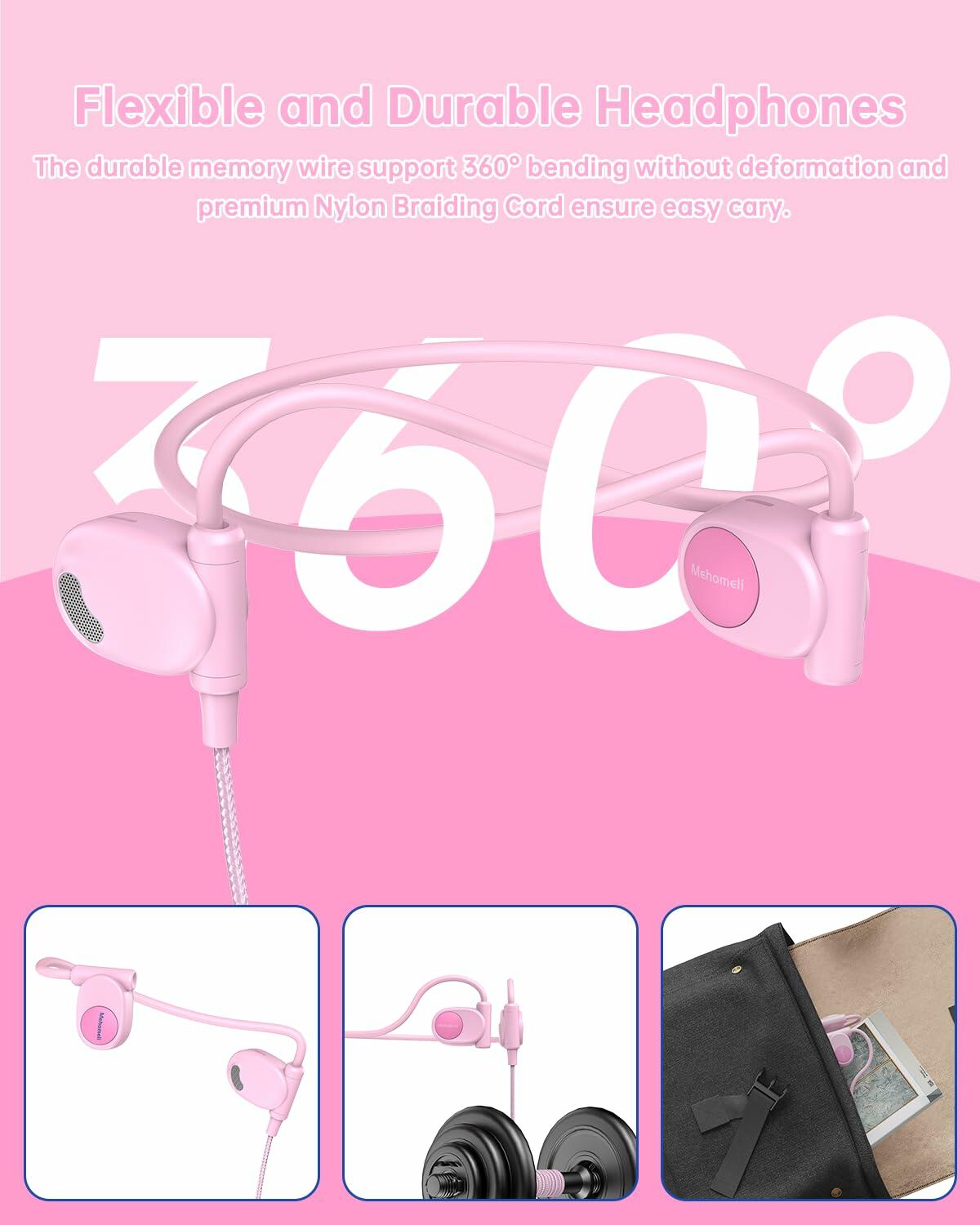 Mehomeli Kid Air Conduction Open Ear Headphones Wired 3.5mm Jack Pink