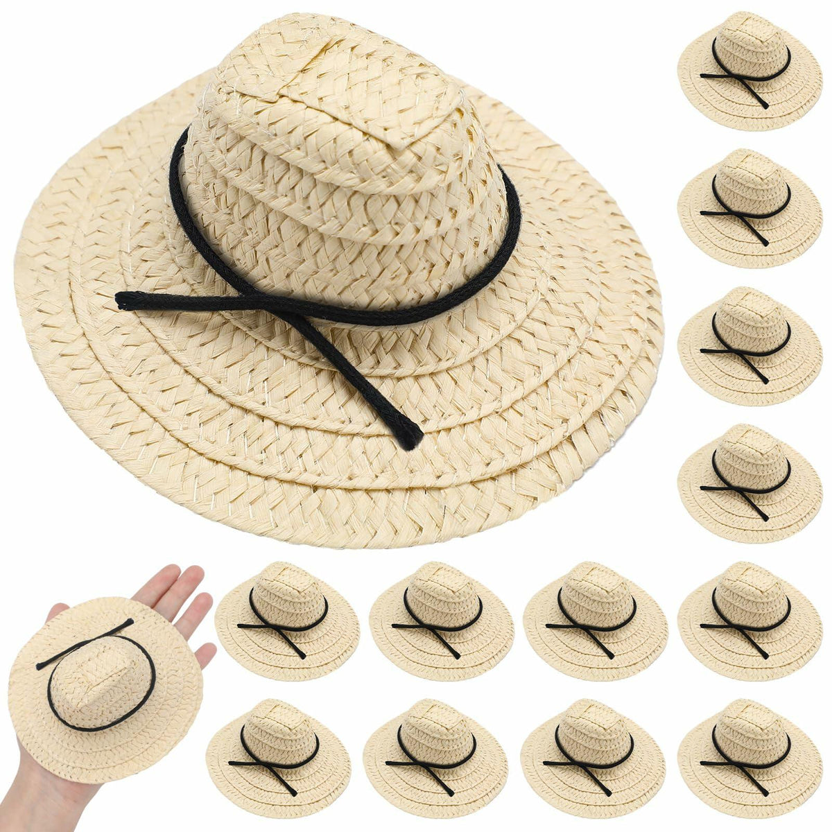 Cutecrop 12 Pcs Mini Cowboy Straw Doll Hats 4.72" Western Party Milk White Black