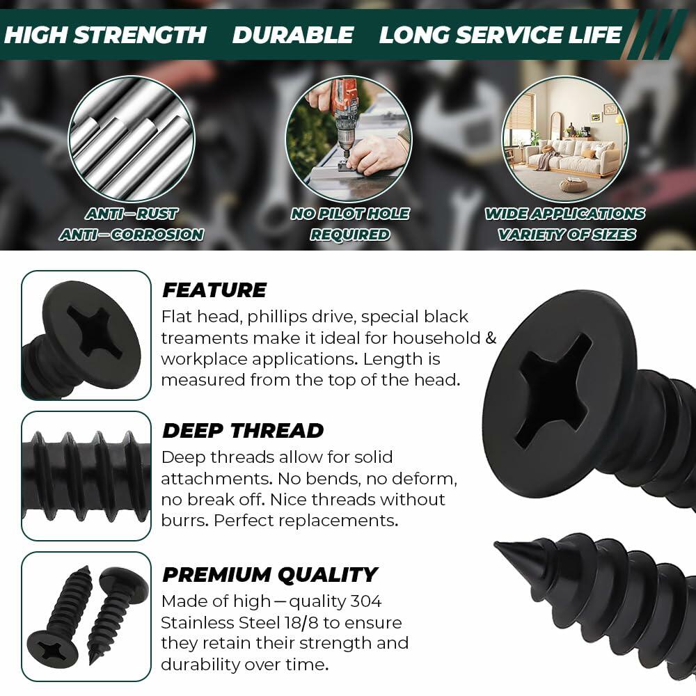 Fayeploo #10x3/4" Flat Head Wood Screws 50pcs Black Oxide Stainless Steel
