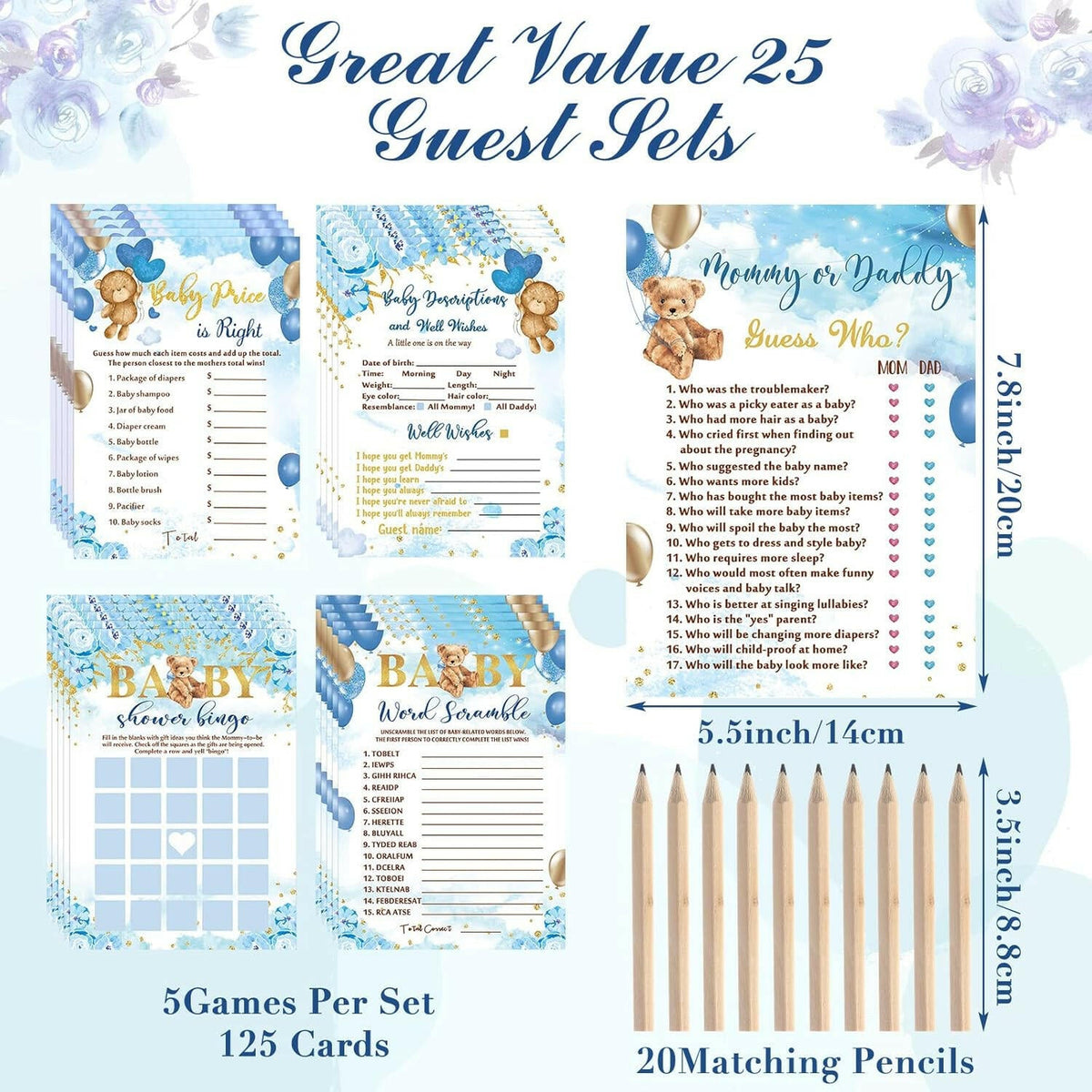 Estune 352 Pcs Baby Shower Advice Cards Blue Bear Decorations Game