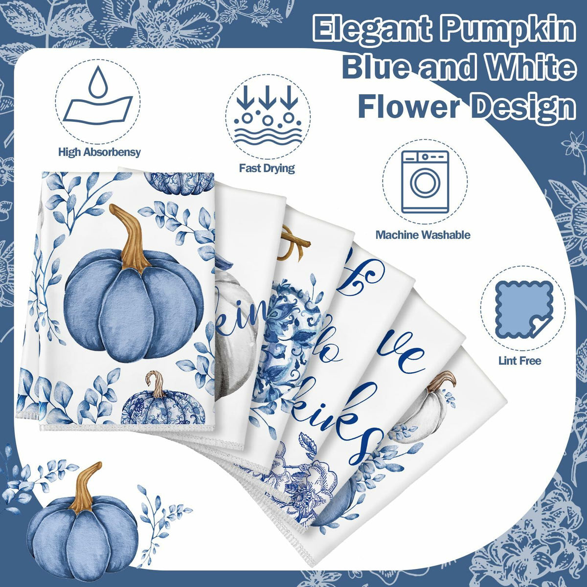 Kinlop 6 Pcs Fall Thanksgiving Blue White Pumpkin Kitchen Towels 16x26 Inch