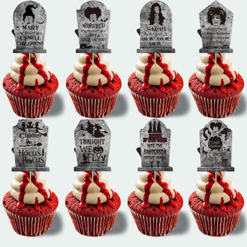 LeeSky 32Pcs Halloween Gravestone Cupcake Toppers Orange Black Purple Paper