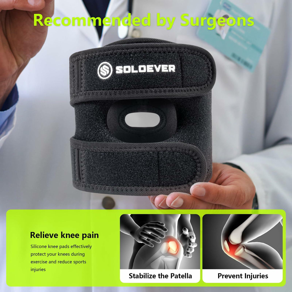 SOLOEVER Patella Knee Brace Dual Support Strap Gel Pad Adjustable Black