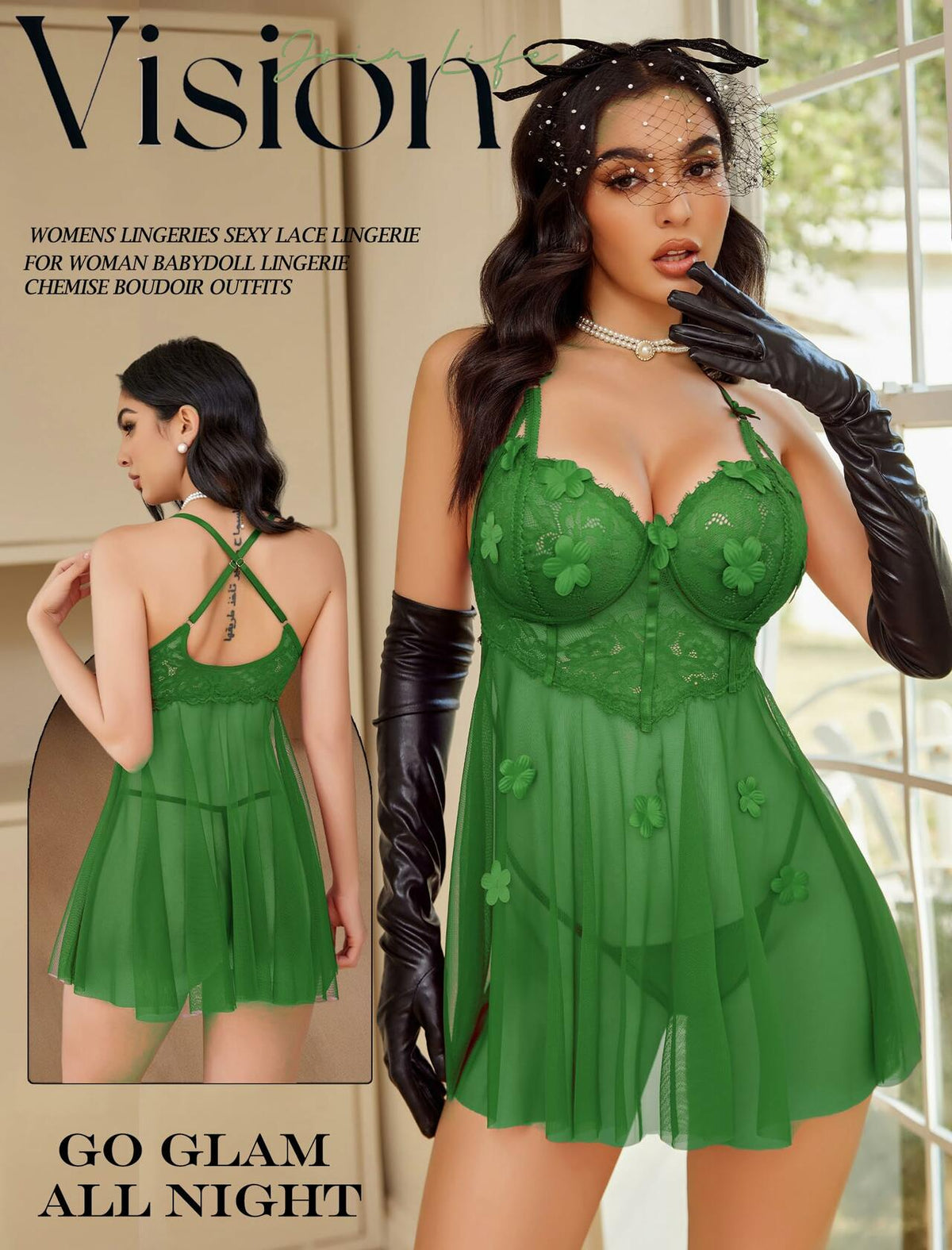 Avidlove Women's Lace Mesh Babydoll Chemise Lingerie Green Size S