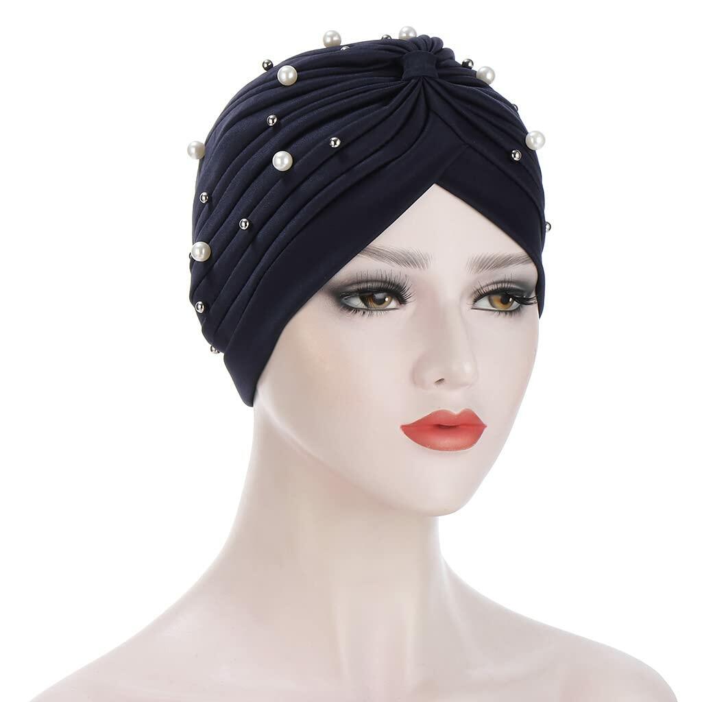 Fxhixiy Turban Hat Women Beaded Pre Tied Knot Chemo Headwrap Navy