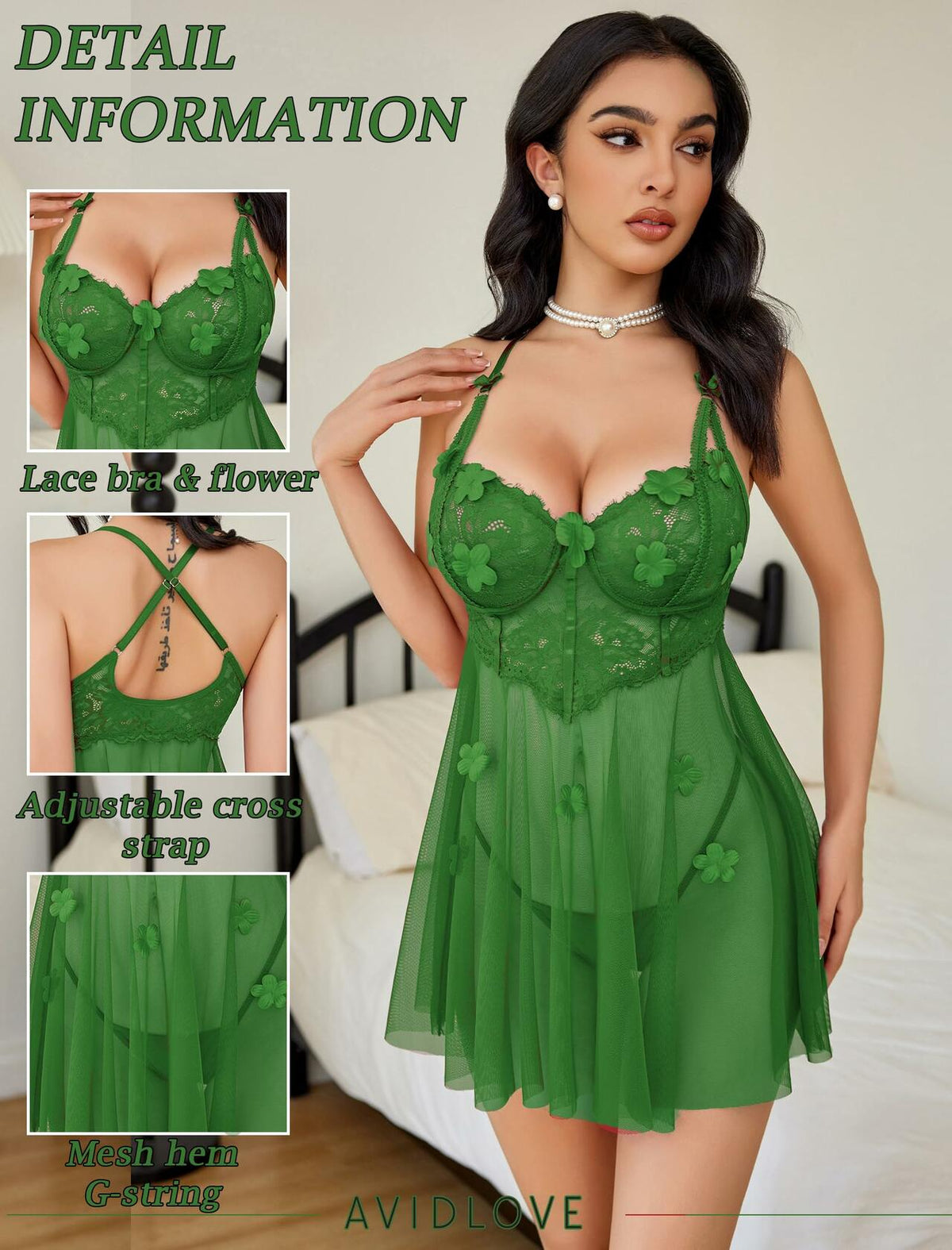 Avidlove Women's Lace Mesh Babydoll Chemise Lingerie Green Size S