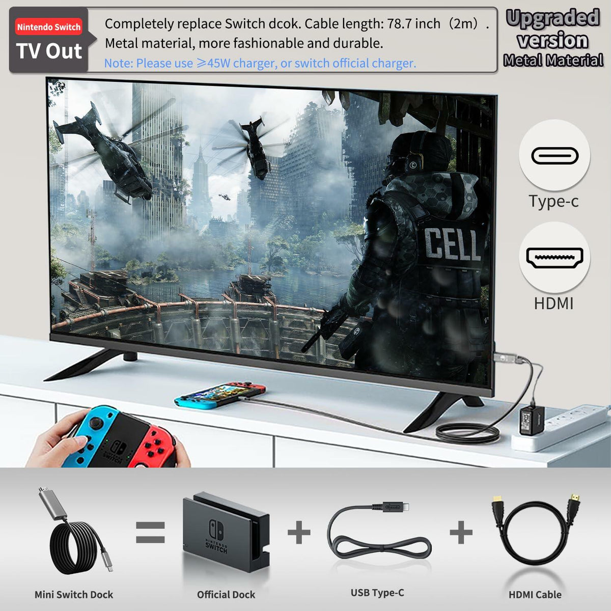 C.CURTING Switch Dock for N/S OLED 4K HDMI USB 3.0 Type C PD Charge Gray 2M