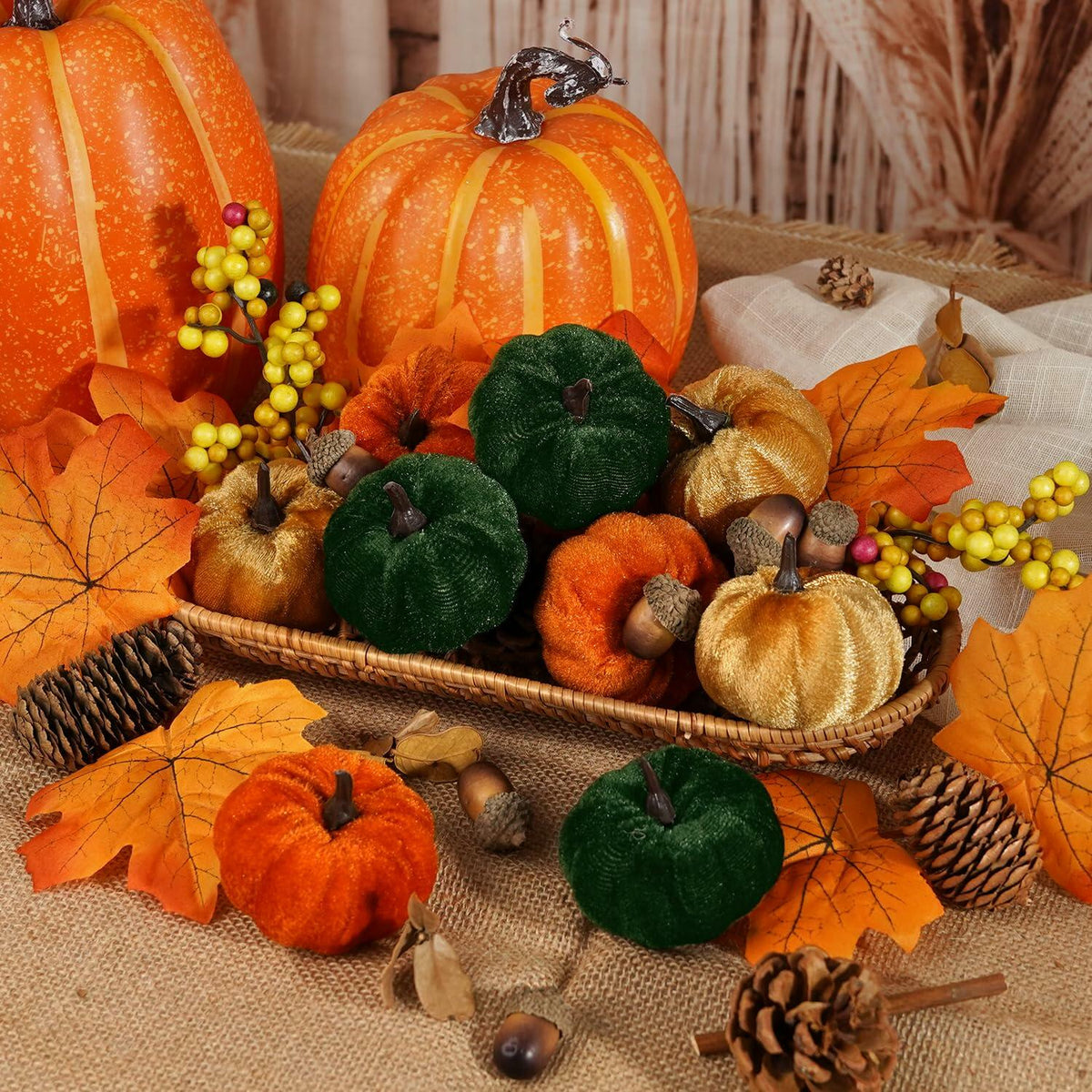 Artmag 25 PCS Fabric Pumpkins Set Fall Decor Maple Leaves Acorns Style 5
