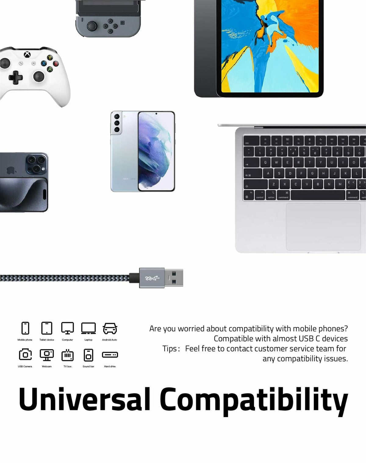 FHG USB 3.0 to USB-C Cable 3.3FT 2Pack Nylon Braided Fast Charging Black