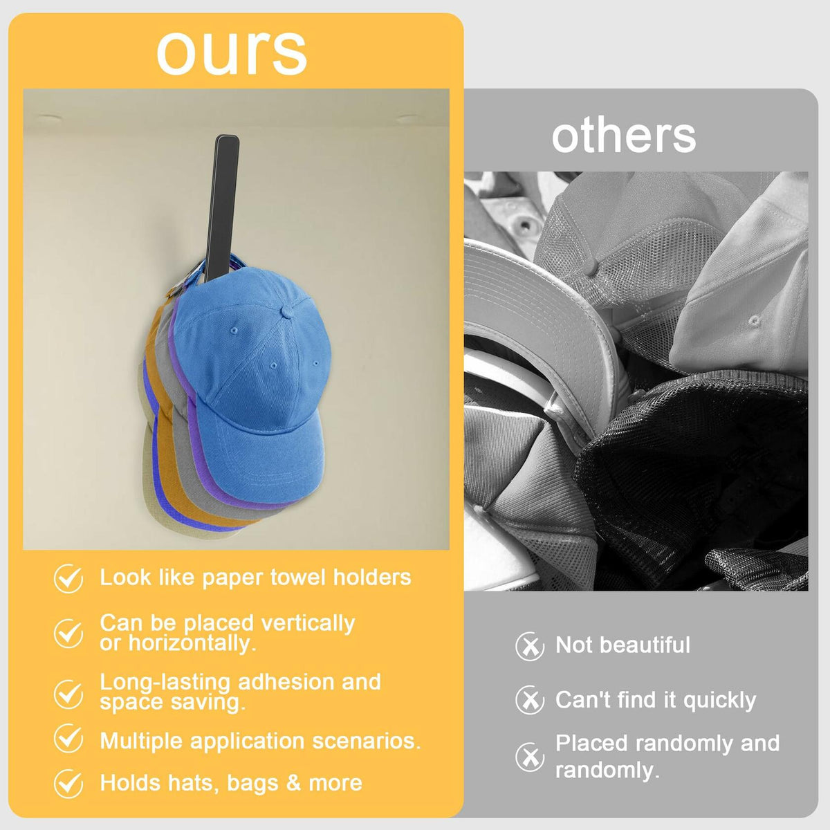 PEDORUBY Wall Mount Hat Rack Hooks for Baseball Caps 3 Pack Black