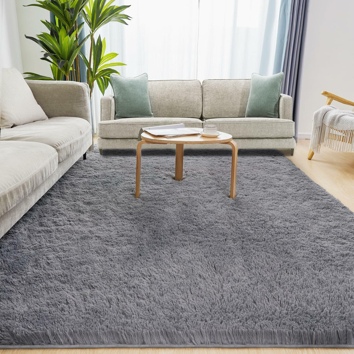 Puremy Grey Round Fluffy Rug 5ft Non-Slip Carpet for Kids Nursery Room