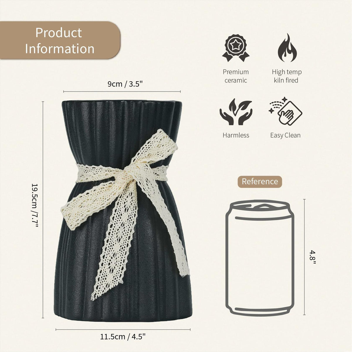 OOSTONEE Black Ceramic Flower Vase 7.6 Inch Nordic Boho Gothic Style