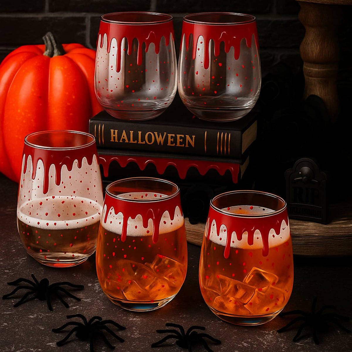 Maxcheck 6 Pack 18oz Stemless Halloween Wine Glasses Clear Bloody