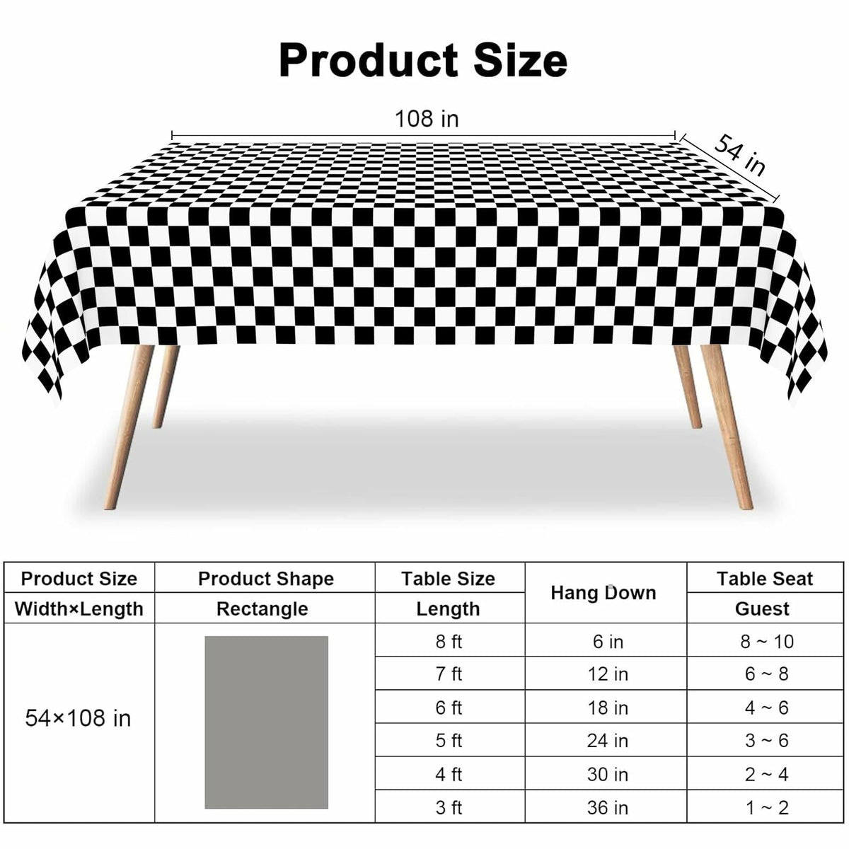 CINSOEN 4 Pack Black White Checkered Plastic Tablecloth 54x108in Rectangle