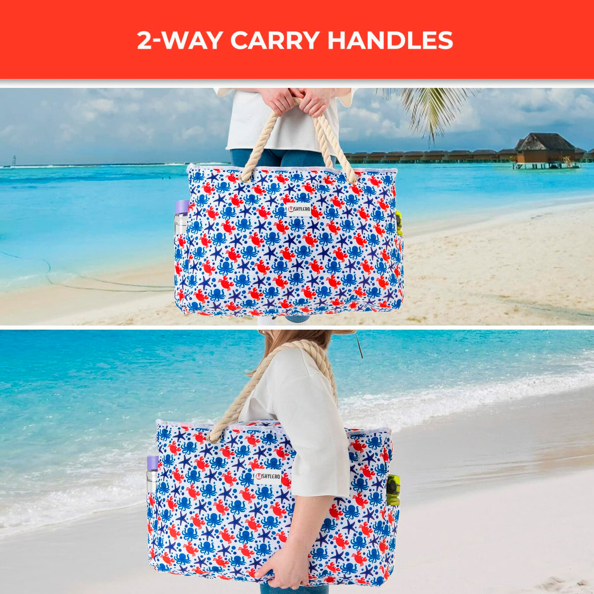 SHYLERO Waterproof Beach Tote Bag with Airtight Pouch & Key Holder L22xH15xW6