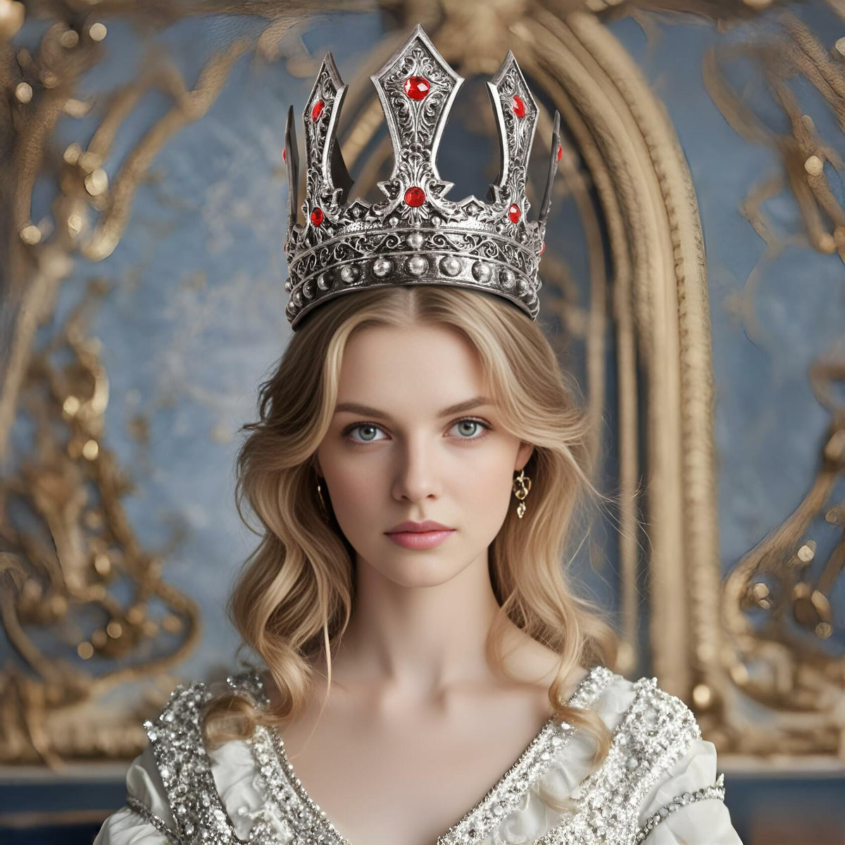 MCJC Medieval King Crown with Red Gems Adjustable Royal Tiara Bronze