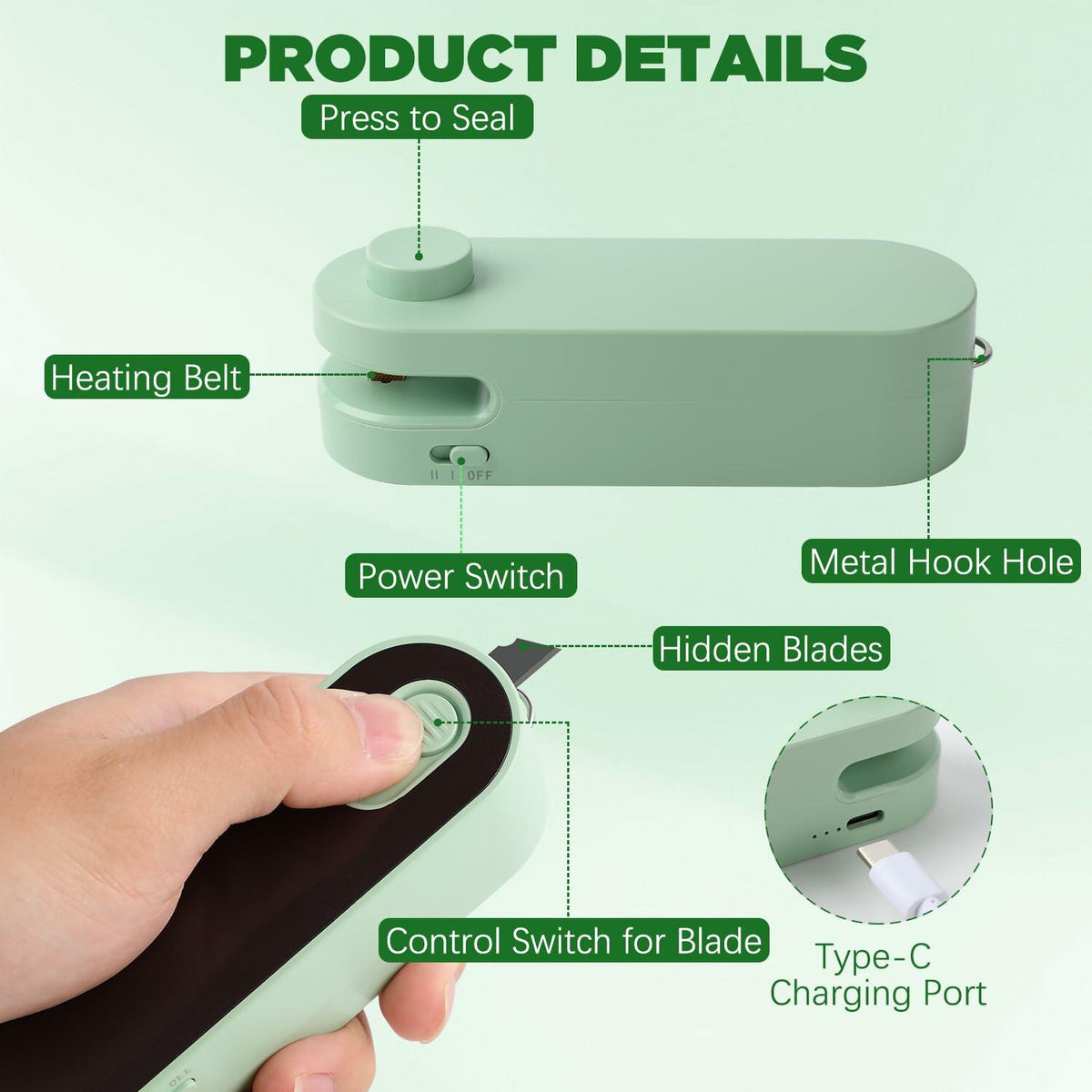 Daioai 2 in 1 USB Rechargeable Bag Cutter Sealer Portable Mini White