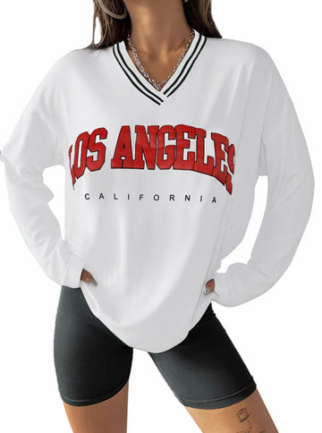 Hilinker Women's Oversized Graphic V Neck Long Sleeve Tee White Red Size L