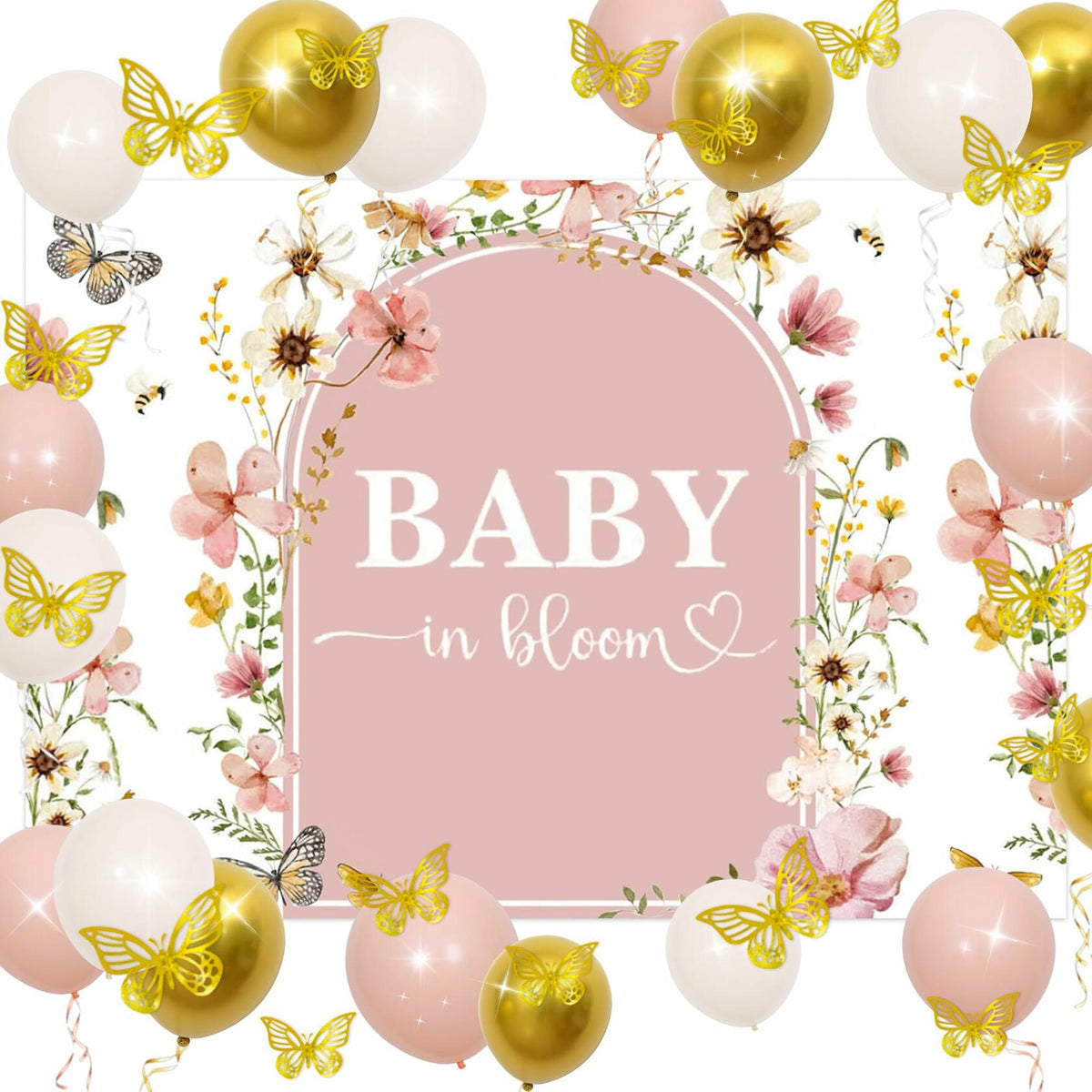 BACH AND BOUJEE Wildflower Baby in Bloom Backdrop Banner Pink Floral Decor