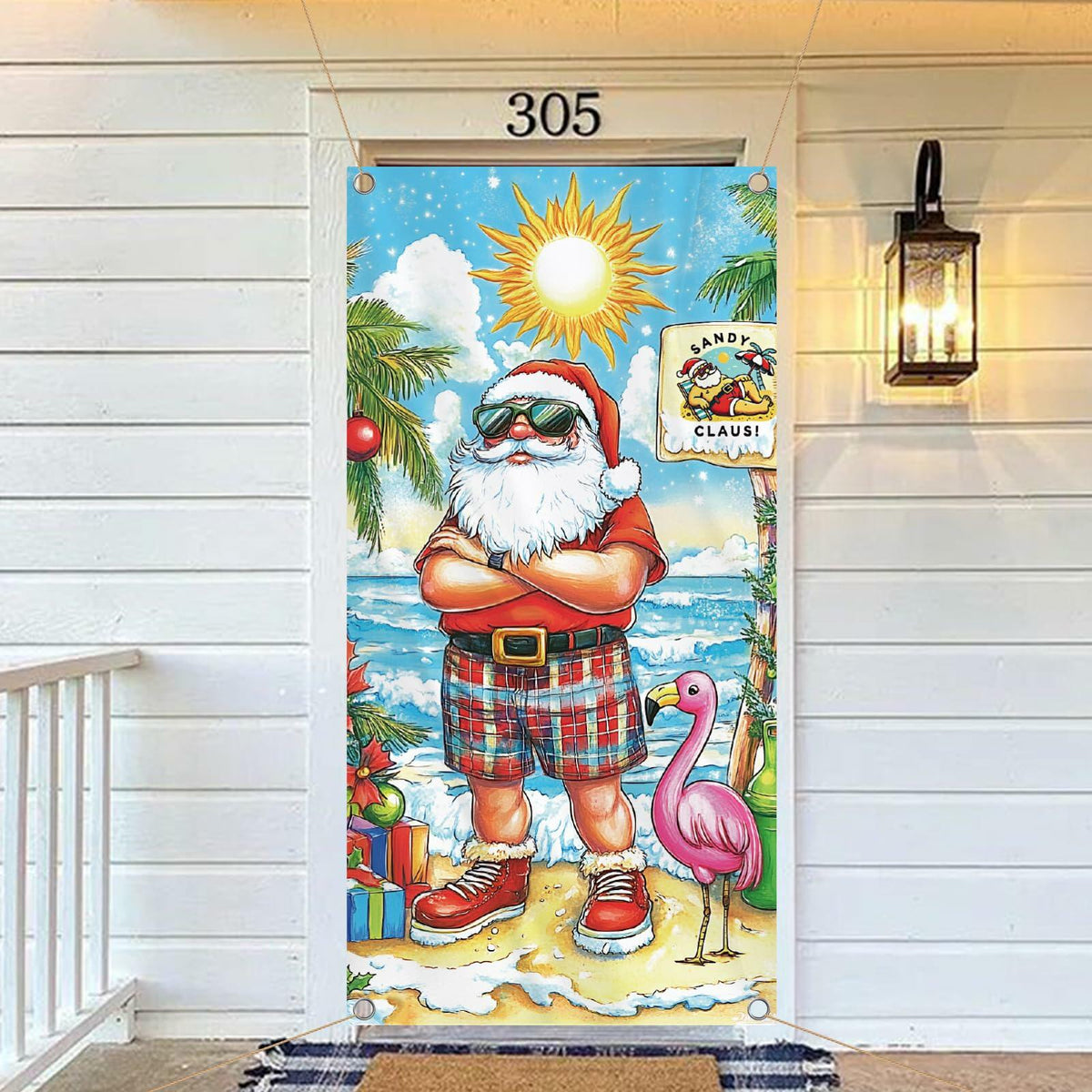 Buff Santa Hawaiian Beach Door Cover Summer Christmas Party Decoration