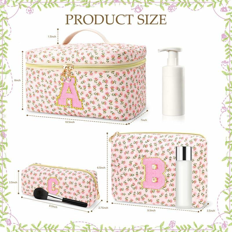 DOSUKE 3 PCS Travel Makeup Bag Set Floral Quilted Cotton Flower