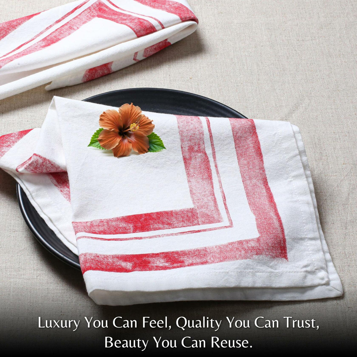 Palisa Cloth Dinner Napkins Set of 4 18x18 Inches Red Frame Border Cotton