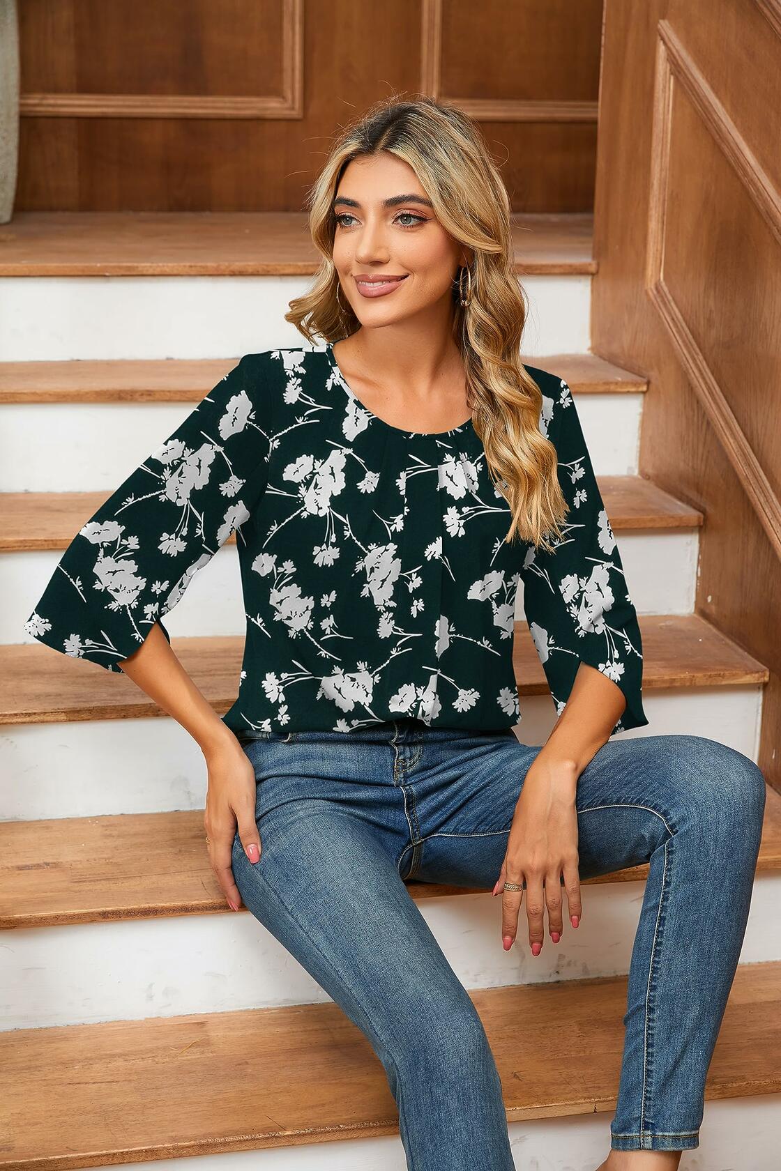 TASAMO Women's 3/4 Sleeve Loose Blouse Tunic Top Dark Green Size XX-Large