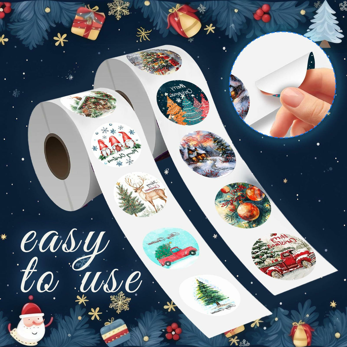 wuhuzsm 1000Pcs Christmas Stickers 2 Rolls Rustic Tree Wreath Elk Green