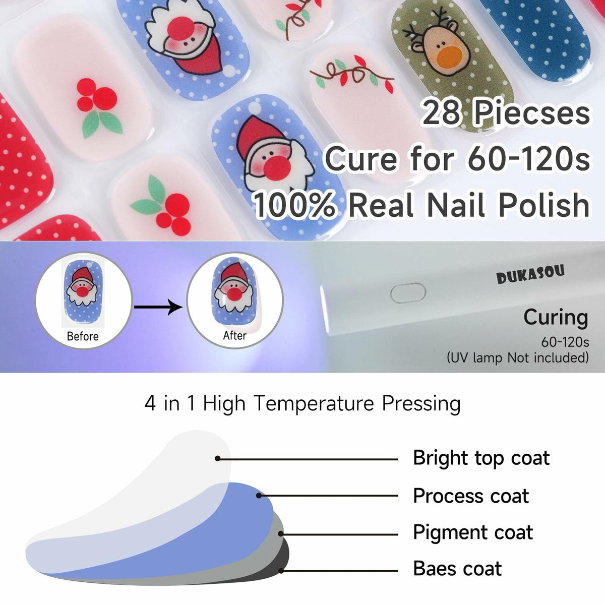 DUKASOU Christmas Semi Cured Gel Nail Strips Santa Claus 28 PCS UV Light