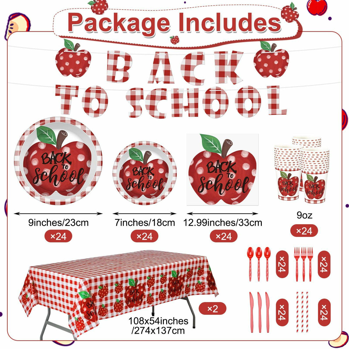 Zhehao 195 Pc Back to School Party Tableware Set Apple Red White Green