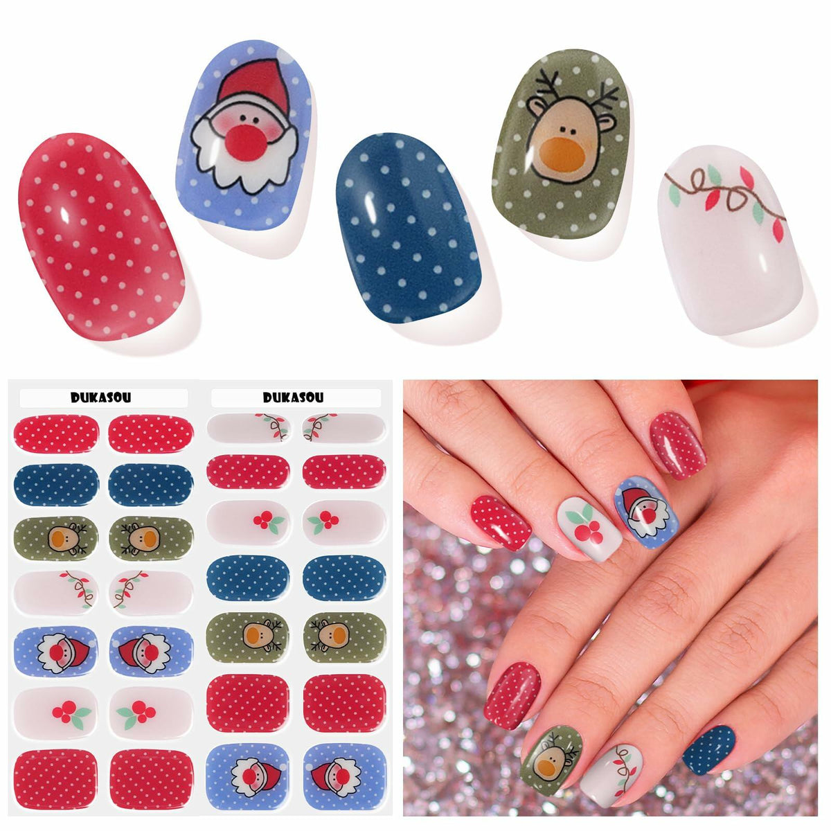 DUKASOU Christmas Semi Cured Gel Nail Strips Santa Claus 28 PCS UV Light
