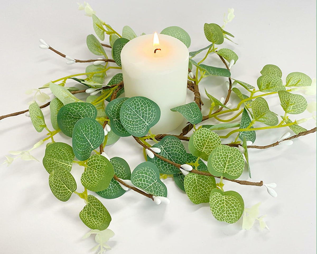 CARMELIT Easter Candle Ring Wreaths 15x15cm Artificial Eucalyptus Green 2 Pcs