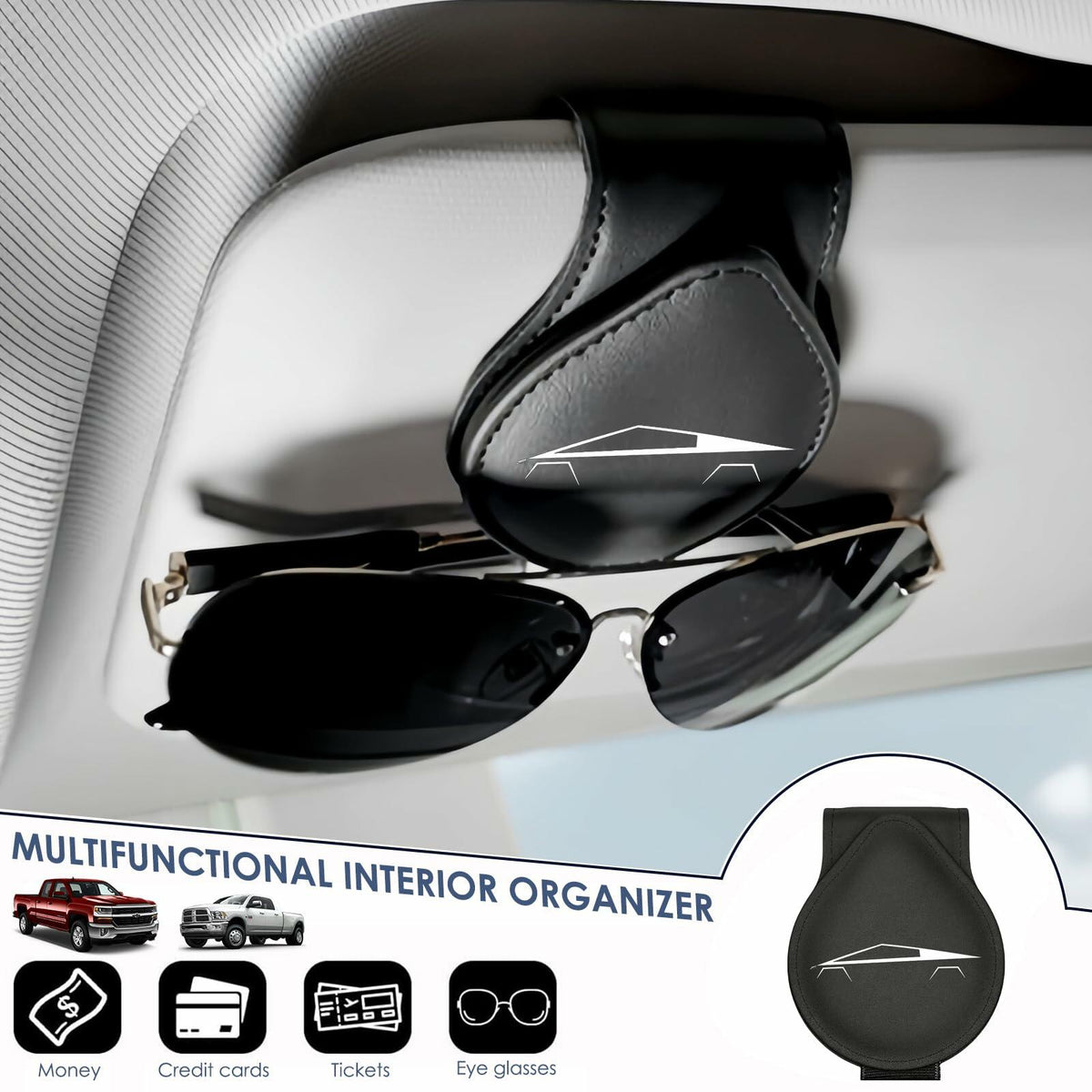 Car Sunglass Holder Tesla Cybertruck 2024-2025 Leather Visor Eyeglass Clip White